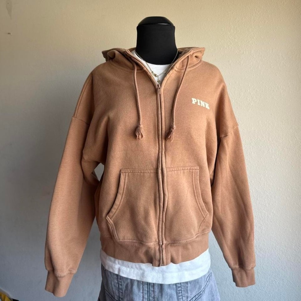 Victoria's Secret PINK tan camel oversized zip up hoodie large varsity P graphic - Picture 3 of 6